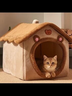 Cozy Beige Cat House Bed - Plush Pet Hideaway